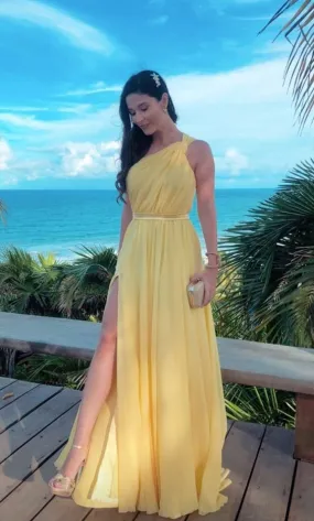 Yellow One Shoulder Long Prom Evening Dresses ,Sexy Prom Dress    fg3064